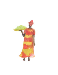 watercolor painting a woman with a tray, rear view. Africa collection