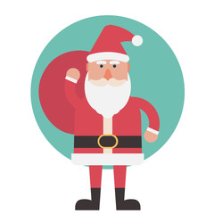 Santa Claus red coat holding present bag on shoulder, Merry Christmas, winter holiday. cartoon character flat vector illustration. 