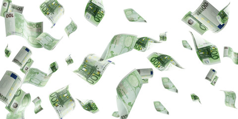 Euro money background. Banknote falling isolated textures on white background.