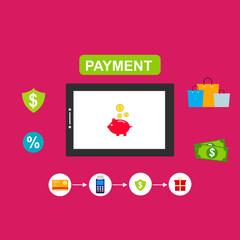 mobile payment, Online Shop Marketplace with smartphone.On line store. Sale, Laptop and smart phone elements and objects in modern stylish color. Isolated on colored background