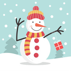 Snowman on the snowfall background with hat, scarf and present, Merry Christmas. cartoon character flat vector illustration