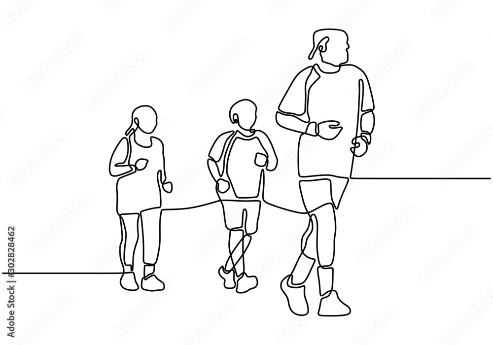 Poster continuous one line drawing of three person jogging and running for healthy body. vector minimalism 