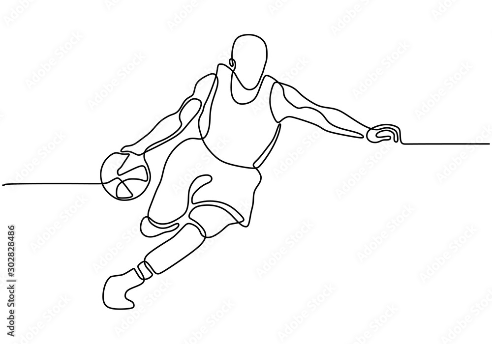 Poster continuous one line drawing of basketball player dribbling and holding the ball. athlete running sim