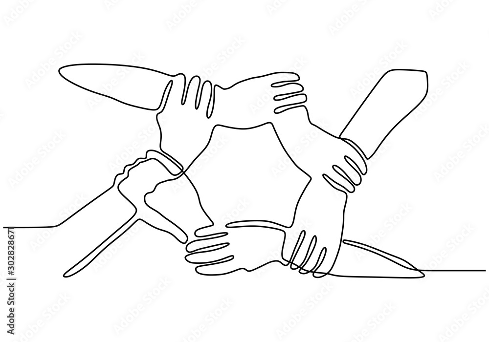 Poster continuous one line drawing of join hands puzzle business metaphor of teamwork. vector illustration 