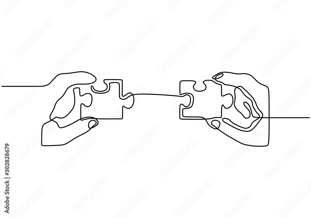 Poster one line drawing of connecting puzzle. continuous hand drawn single lineart of business metaphor of 