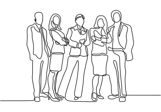 Continuous One Line Drawing Of Business People Standing With Gentle And Confident Pose. Minimalism Design Vector Illustration Simplicity Style Of Businessman And Businesswoman..