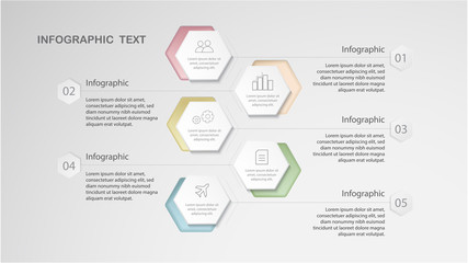 Infographics template 5 options with hexagon and minimal style for workflow layout, diagram, number options, step up options, web design, presentations