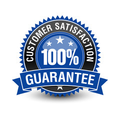 100 customer satisfaction guarantee badge with blue ribbon on top