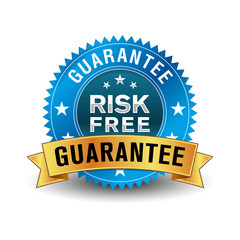 Risk free guaranteed, with blue badge and golden ribbon.