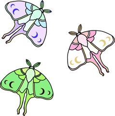luna moth kawaii set crescent moon moth butterfly adorable doodles