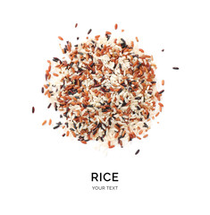 Creative layout made of mix of rice on white background. Flat lay. Food concept. Macro concept.