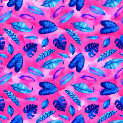 Seamless pattern with watercolor tropical leaves. Calathea. Surface design. Hand paint.