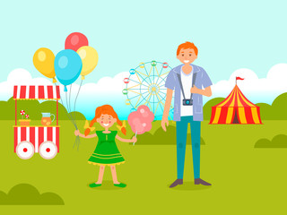 Illustration of amusement park. Colorful Ferris wheel and circus. Happy girl and daddy, balloons, mobile kiosk with sweets.