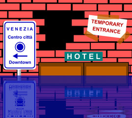 Illustration. Business submerged under the sea. Flood of the Italian city of Venice. Temporary entrance through the hole to the hotel establishment. Concept of climate change and global warming.