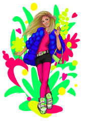 Fashion girl on bright abstract background saying HI