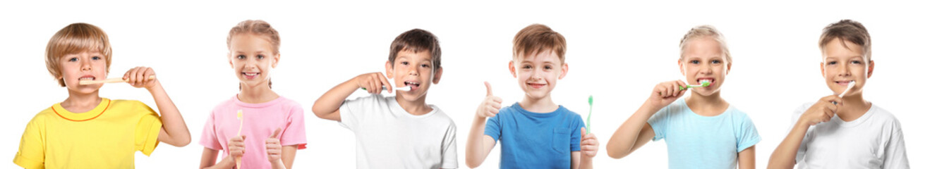 Cute little children brushing teeth on white background