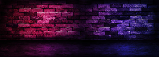 Abstract image of Studio dark room with lighting effect red and blue on brick wall gradient...