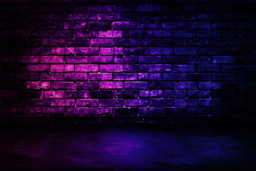 Abstract image of Studio dark room with lighting effect red and blue on brick wall gradient background for interior decoration.