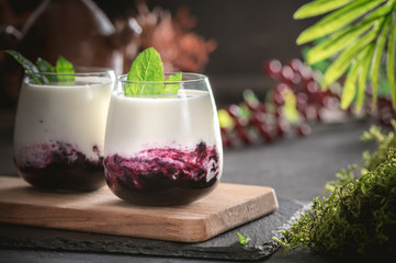 Homemade dessert panna cotta with berry sauce and mint