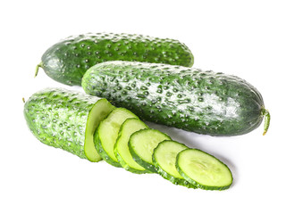 Fresh green cucumbers on white background