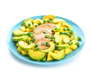 Plate with tasty avocado salad on white background