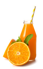 Bottle of fresh orange juice on white background