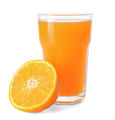 Glass of fresh orange juice on white background