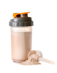 Bottle of protein shake on white background