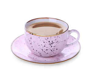 Cup of hot coffee on white background