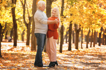Loving mature couple dancing in autumn park