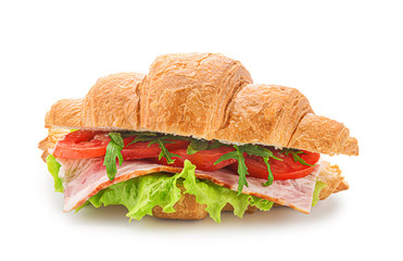 Tasty croissant sandwich on white background