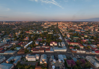 Obraz premium Aerial view of Tomsk city, Plekhanov Lane, Lenin Avenue. Russia. Summer, evening, sunset