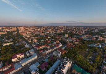 Aerial view of Tomsk city, Plekhanov Lane, Lenin Avenue. Russia. Summer, evening, sunset
