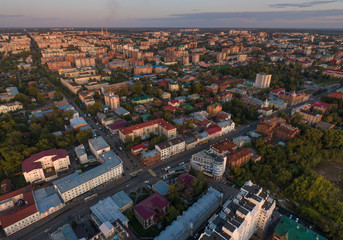 Obraz premium Aerial view of Tomsk city, Plekhanov Lane, Lenin Avenue. Russia. Summer, evening, sunset
