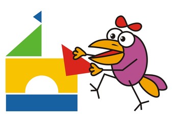 Happy bird with building kit, funny vector illustration. Colored picture on white background.