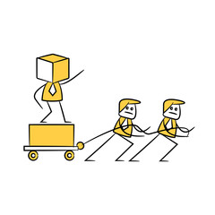 businessman boss and employee pulling trolley for bureaucracy concept, doodle stick figure 