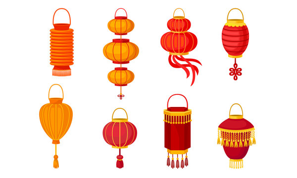 Different traditional chinese lanterns. Vector illustration on a white background.