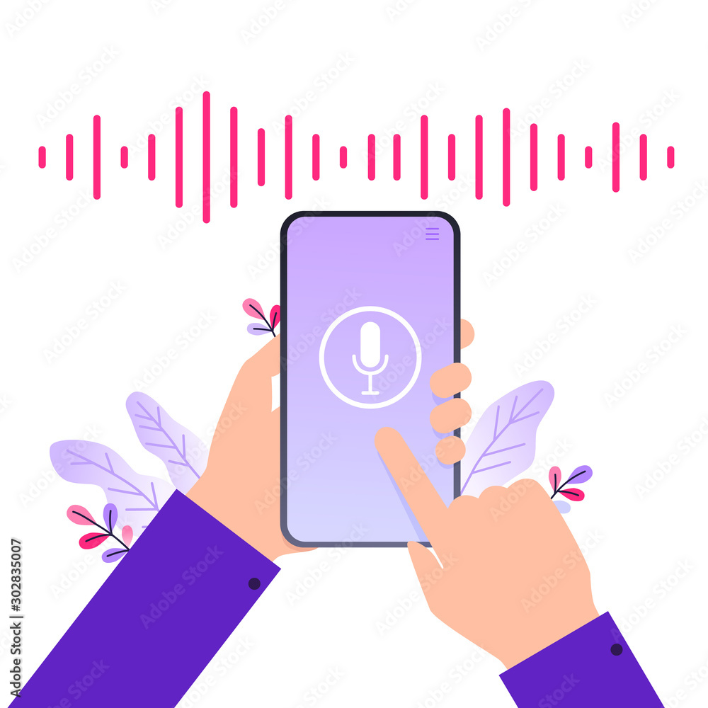 Poster personal assistant and voice recognition on mobile app. concept flat vector illustration of human ha