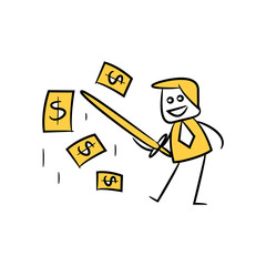 doodle businessman using sword cut bills, stick figure