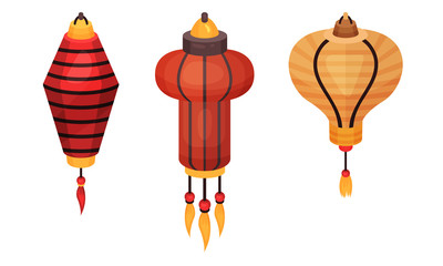 Fototapeta na wymiar Red and orange chinese lanterns with tassels on a white background. Vector illustration.
