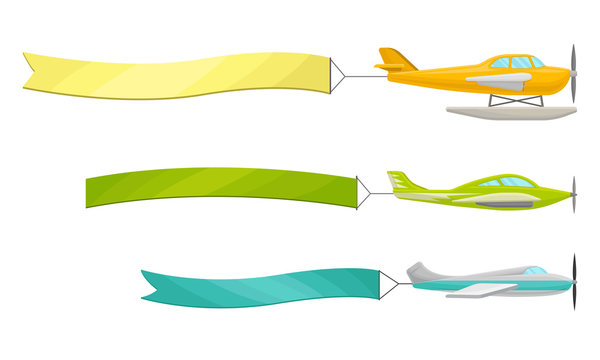 Set of airplanes with ribbons. Vector illustration on a white background.