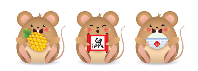 2020 year of the rat illustration. Set of cute cartoon mouse holding pineapple, chinese scroll & cooked rice isolated on white background. Chinese New Year icon or item. (translation: 2020 ; Rat)