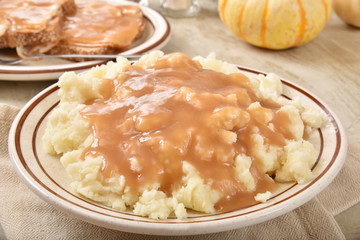 Mashed potatoes and turkey gravy