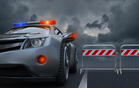 Road blocked by barriers and a car with flashing lights turned on. 3D illustration