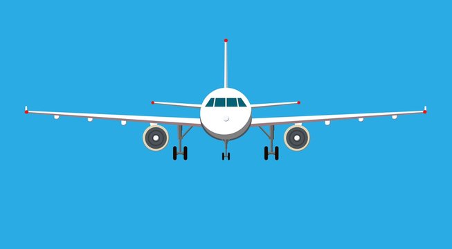 Airplane on blue background. Plane flying in the sky. Front view. Aircraft flat style vector illustration.