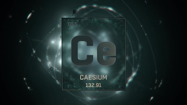 Cesium as Element 55 of the Periodic Table. Seamlessly looping 3D animation on green illuminated atom design background with orbiting electrons. Design shows name, atomic weight and element number