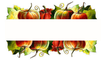 Template with pumpkins and leaves on white background Hand draw illustration