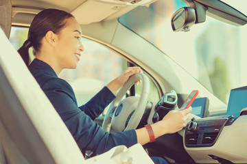 Positive delighted Asian female person reading message