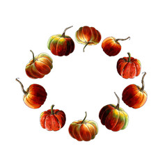 Wreath with pumpkins Hand drawn Illustration on white background.