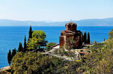 Beautiful panorama of Lake Ohrid and the Church of St. Kaneo in Ohrid